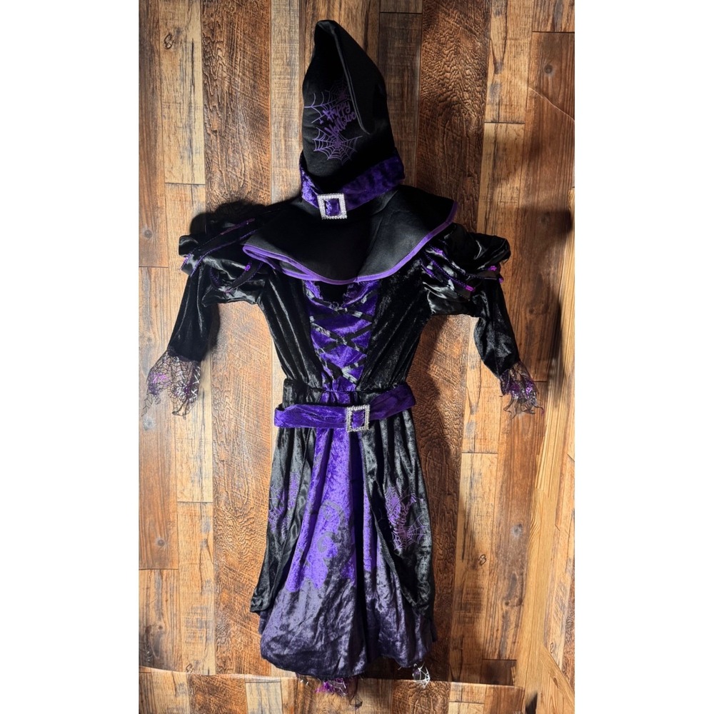 Girls Witch Halloween Costume Dress Hat Black Purple Spiderweb Size Small